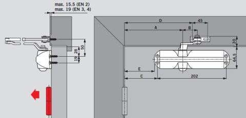 Монтажна схема чертеж розмер доводчика Dorma TS68. Door closer Installation Manual Instruction Drawing