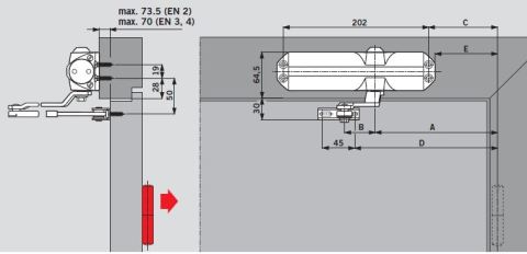 Монтажна схема чертеж розмер доводчика Dorma TS68. Door closer Installation Manual Instruction Drawing