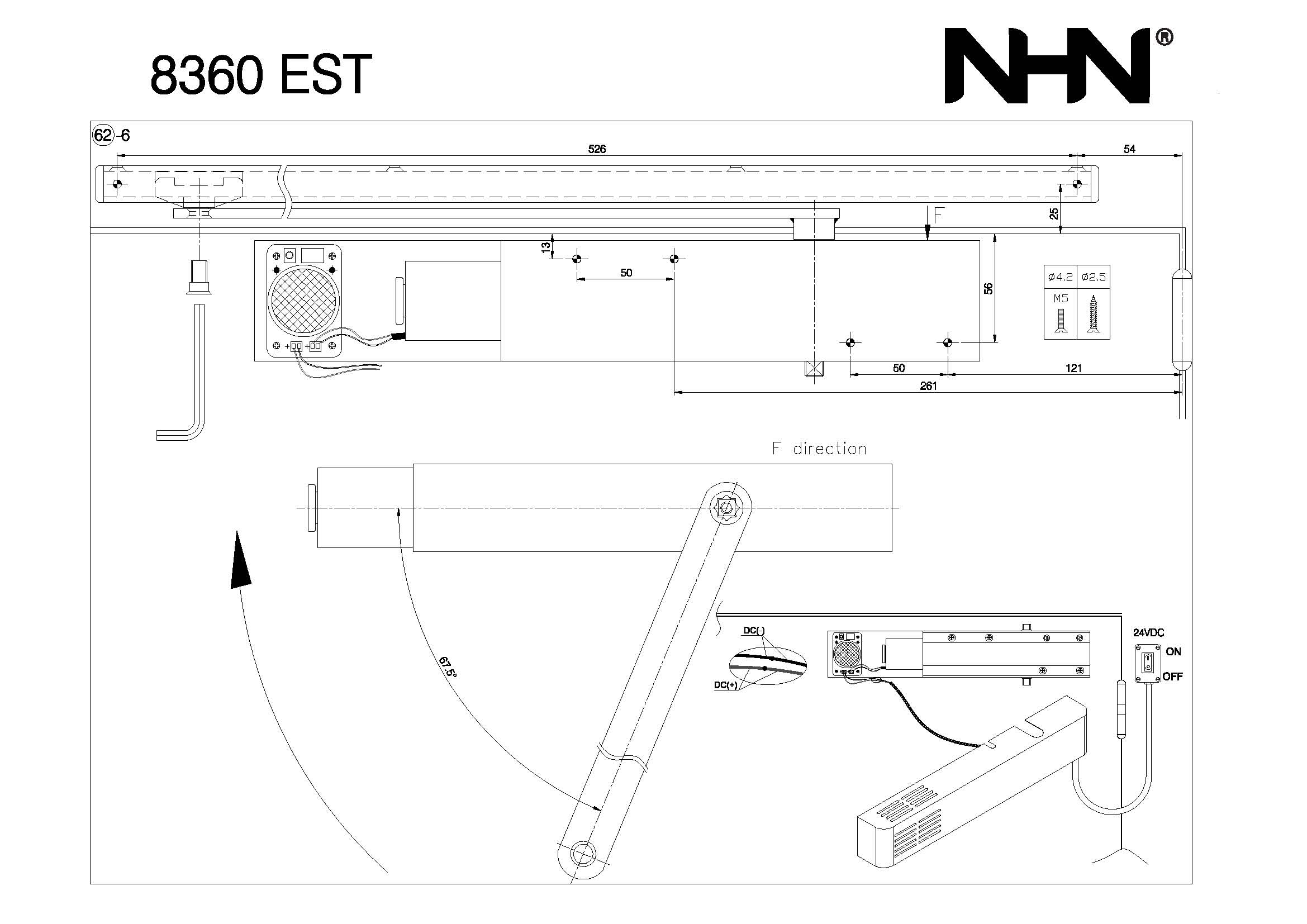 Доводчик NHN-8360 с электромагнитной фиксацией датчиком дыма для противопожарных дверей эвакуации. Размеры. Установка. Монтаж. Dimension Drawing Installation Instruction