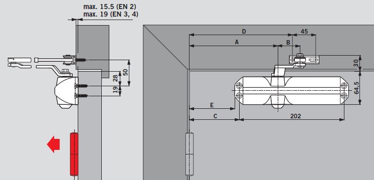 Монтажна схема чертеж розмер доводчика Dorma TS68. Door closer Installation Manual Instruction Drawing