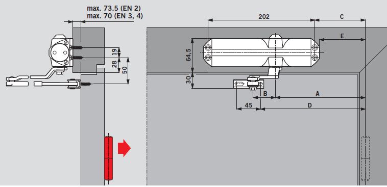 Монтажна схема чертеж розмер доводчика Dorma TS68. Door closer Installation Manual Instruction Drawing