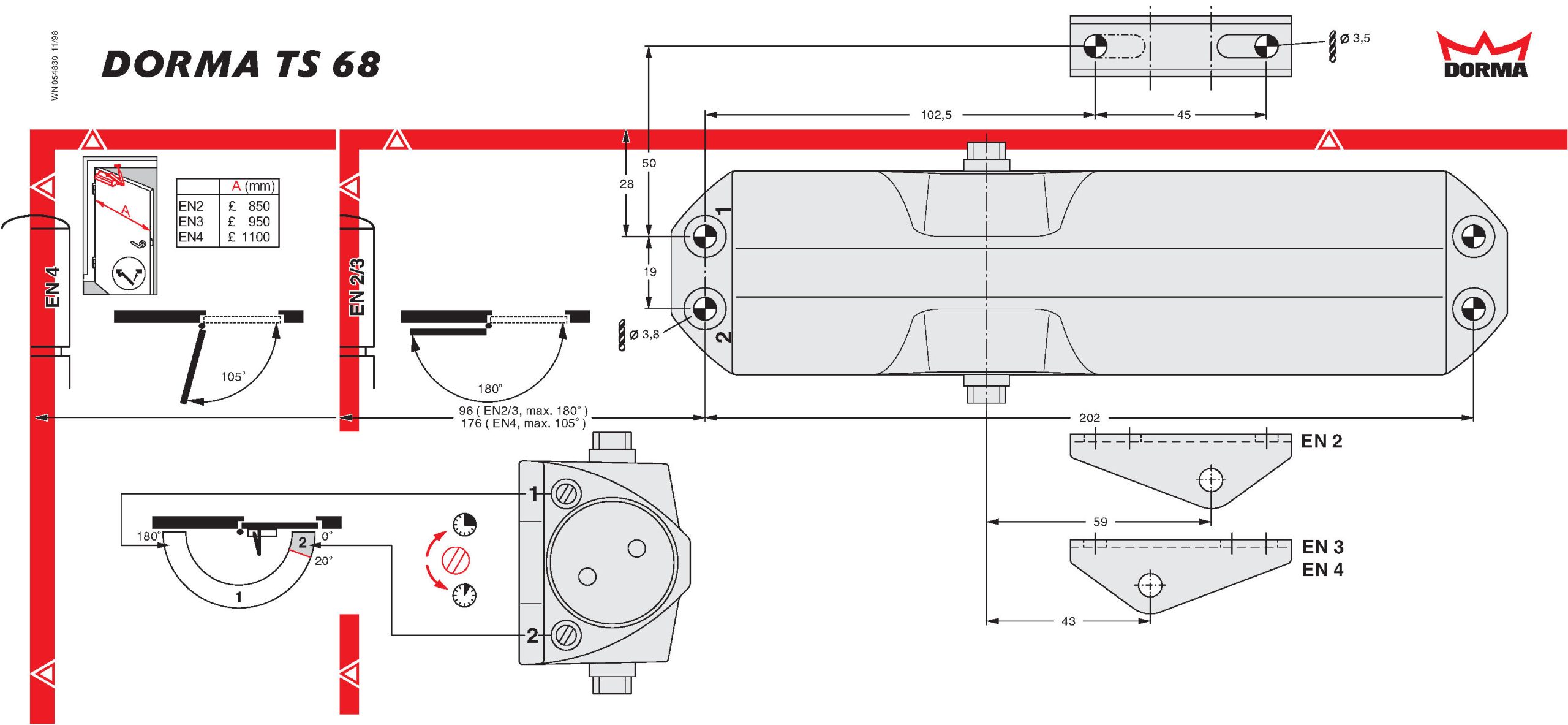 Монтажна схема чертеж розмер доводчика Dorma TS68. Door closer Installation Manual Instruction Drawing