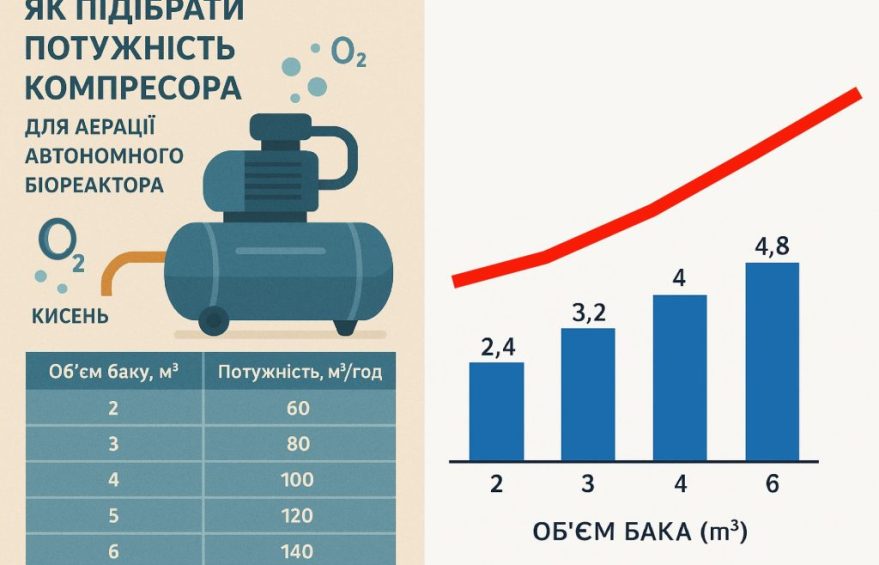 Як підібрати потужність компресора для автономної каналізації септику очисних споруд очистки стічних вод активним мулом біореактору